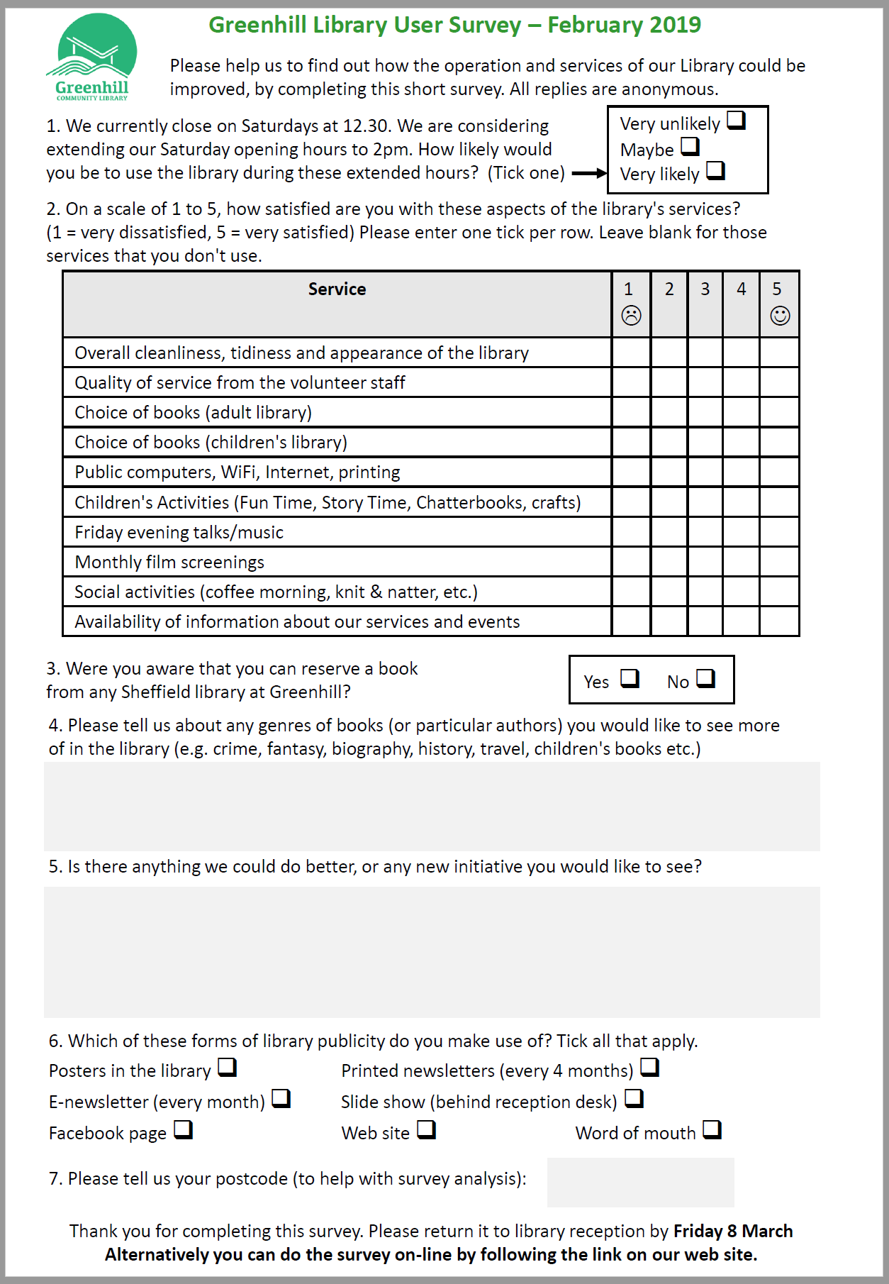 User Survey Results March 2019 – Greenhill Community Library